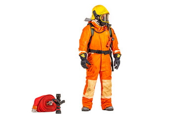 Firefighter man wearing protective fire suite and helmet with equipment and accessories is fire safety accident protection with white background.