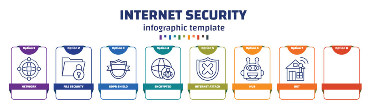 Infographic Template With Icons And 8 Options Or Steps. Infographic For Internet Security Concept. Included Network, File Security, Gdpr Shield, Encrypted, Internet Attack, Hub, Bot, Home Network