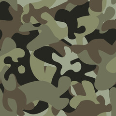 Camouflage seamless vector pattern. Abstract modern vector military background. Fabric textile print template. Classic masking camo repeat print, shades of Green, brown forest texture