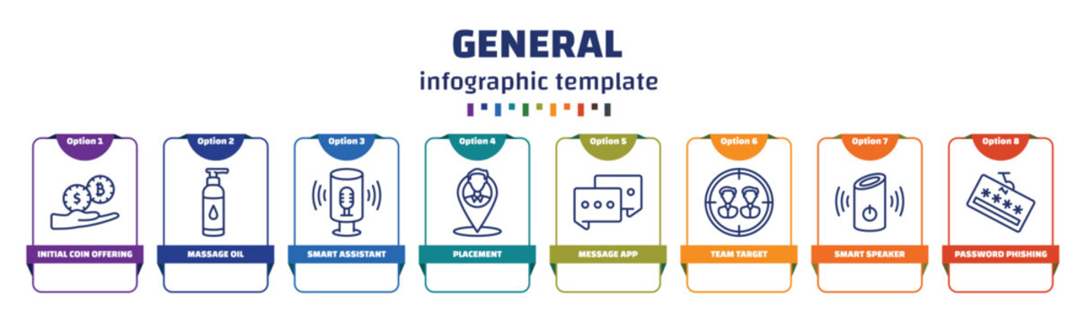 Infographic Template With Icons And 8 Options Or Steps. Infographic For General Concept. Included Initial Coin Offering, Massage Oil, Smart Assistant, Placement, Message App, Team Target, Smart