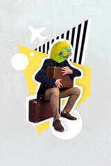 Vertical collage picture of person sitting suitcase parrot head painted airplane isolated on...