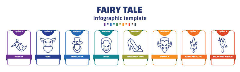 infographic template with icons and 8 options or steps. infographic for fairy tale concept. included merman, ogre, leprechaun, joker, cinderella shoe, dracula, karakasakozou, enchanted mirror icons.