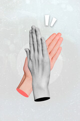 Vertical composite collage illustration of colorful black white hands clapping give high five...