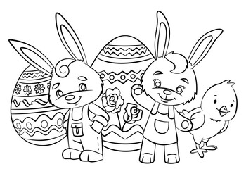 Easter eggs and bunny. Element for coloring page. Cartoon style.