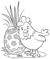 Easter eggs and chicken. Element for coloring page. Cartoon style.