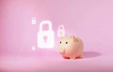 Piggy bank and key lock icon. Security money concept.