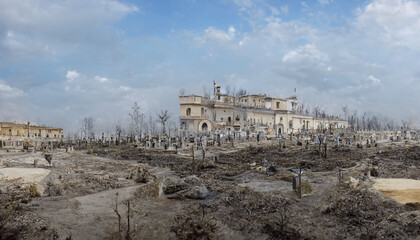 Illustration of a cemetery with a war abandoned city.3D illustration.Digital painting.
