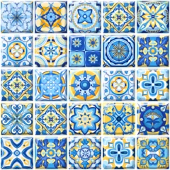 Tapeten Azulejo tiles, Mediterranean, Portuguese and Spanish retro seamless pattern vector illustration. Ceramic mosaic decoration for home interior, yellow and indigo floral Moroccan arabesque tiles © setory