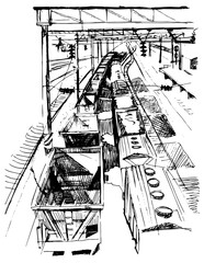 Artistic linear sketch of rolling stock. Monochrome graphic image of a freight train top view perspective cut. Engraving style freight transport industry. Human progress. View of the rails from above
