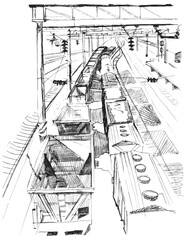 Artistic linear sketch of rolling stock. Monochrome graphic image of a freight train top view perspective cut. Engraving style freight transport industry. Human progress. View of the rails from above