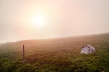 One tent in a green field. Sun shines through a fog. Outdoor camping in a simple foldable tent. Explore nature. Selective focus. Nobody.