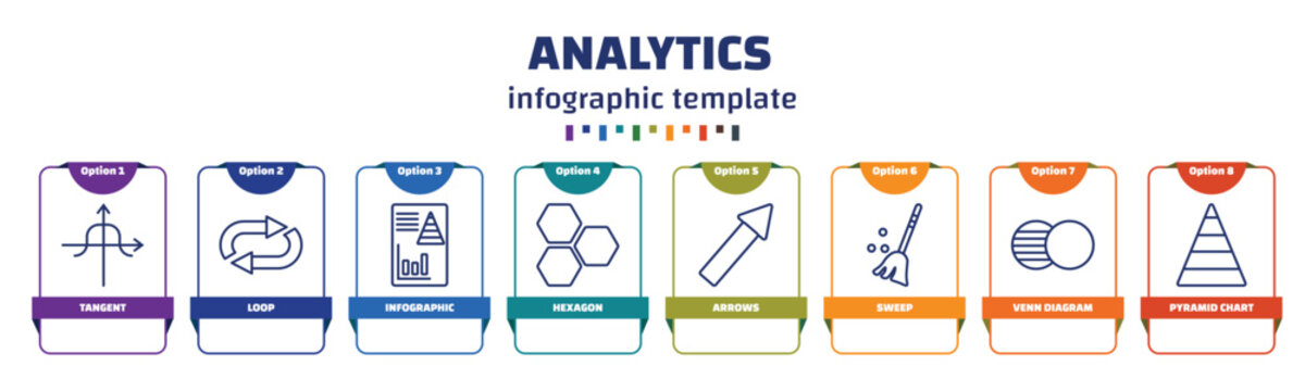 Infographic Template With Icons And 8 Options Or Steps. Infographic For Analytics Concept. Included Tangent, Loop, Infographic, Hexagon, Arrows, Sweep, Venn Diagram, Pyramid Chart Icons.