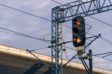 Railway traffic light, red and yellow light stop, passenger train station, shunt signal, railway...