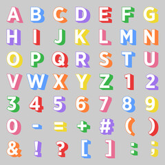 Vector alphabet with letters and symbols in 3D style, multicolored for school and education lessons.
