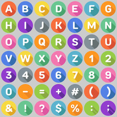 Vector alphabet with letters and symbols in a circle with a shadow, multi-colored and bright backgrounds, for teaching children and school.