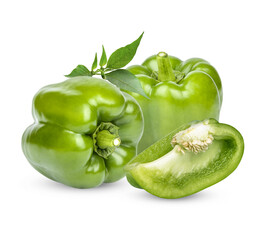Fresh green sweet pepper with leaves isolated on transparent background. (.PNG)