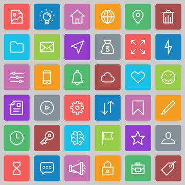 Icons of social networks in bright multi-colored squares with rounded corners, in stroke style for design, websites and web.