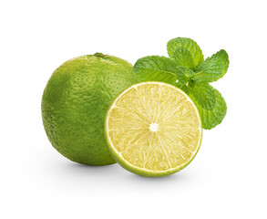 Fresh lime sliced with mint leaves isolated on transparent background. (.PNG)
