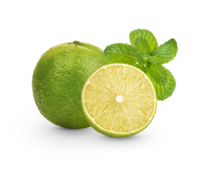 Fresh lime sliced with mint leaves isolated on transparent background. (.PNG)