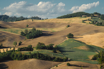 Cultivated, harvested and plowed fields on the hills of Bologna province. Loiano, Bologna, Emilia...