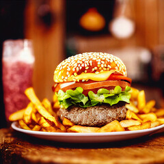 hamburger with french fries