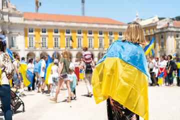 Portugal, Lisbon April 2022: The demonstration on Commerce Square in support of Ukraine and against...
