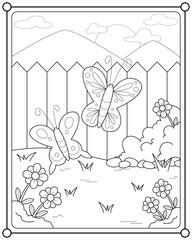 Beautiful butterflies and flowers in the garden suitable for children's coloring page vector illustration