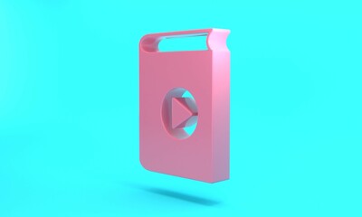 Pink Audio book icon isolated on turquoise blue background. Play button and book. Audio guide sign. Online learning concept. Minimalism concept. 3D render illustration