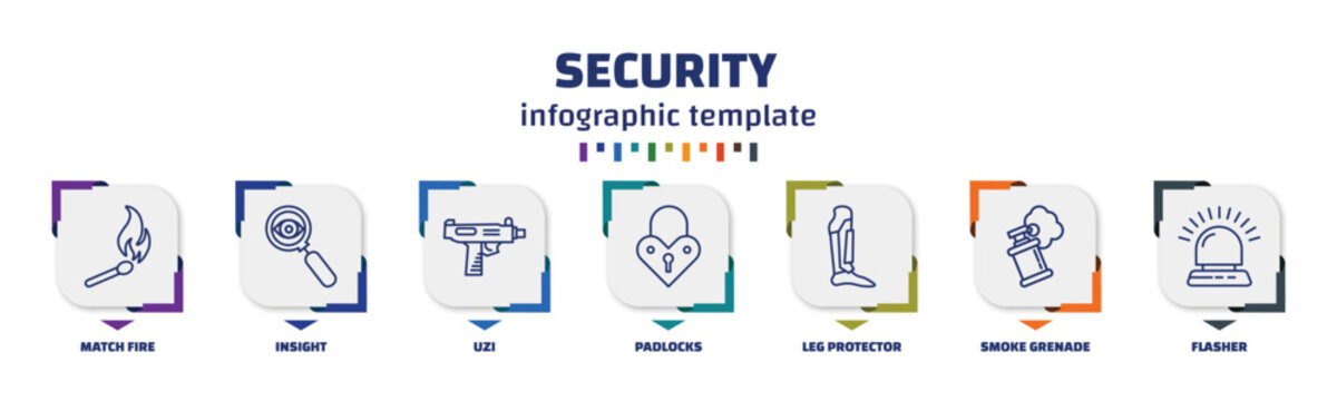 infographic template with icons and 7 options or steps. infographic for security concept. included match fire, insight, uzi, padlocks, leg protector, smoke grenade, flasher icons.