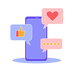 Vector illustration of smartphone with buttons with thumb up, like and rating in blue, pink and yellow, isolated on a white background. Service assessment.