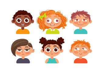 Set of childrens faces of different ethnicities. Positive negative emotions. Disgust, happiness, joy, discontent. For stickers, avatar, design elements. In cartoon style.