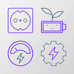 Set line Gear and lightning, Voltmeter, Eco nature leaf battery and Electrical outlet icon. Vector