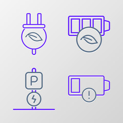 Obraz premium Set line Low battery, Charging parking electric car, Eco nature leaf and Electric saving plug icon. Vector