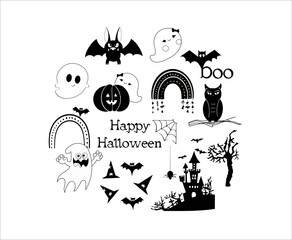 halloween icons set, bundle black and white vector elements, Halloween series with pumpkin and rainbows, Illustration of popular halloween costumes, including vampire, cat owl