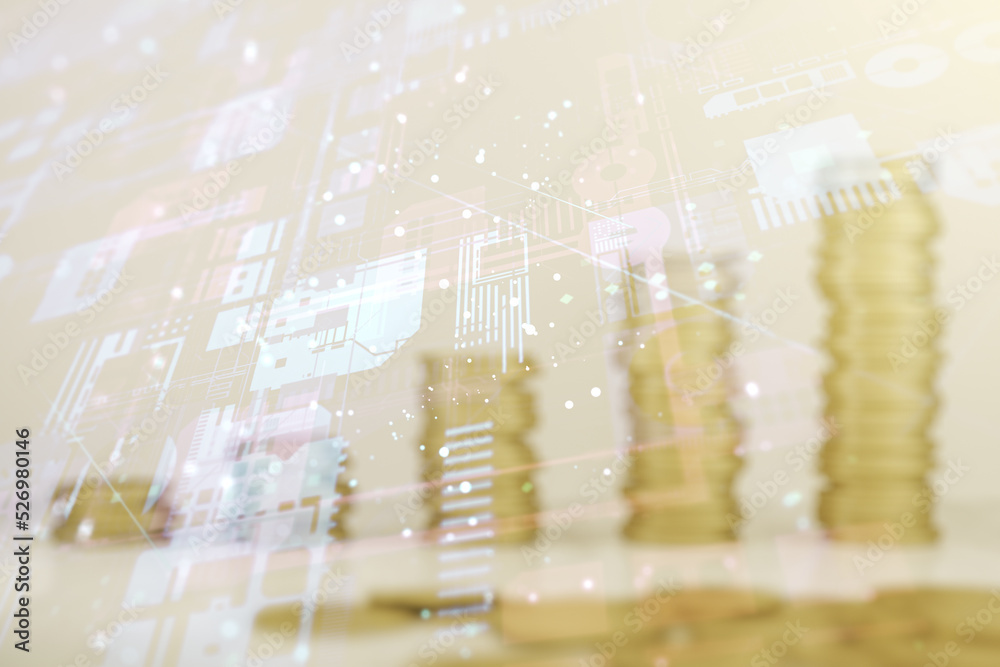 Poster double exposure of abstract programming language interface on growing stacks of coins background, re