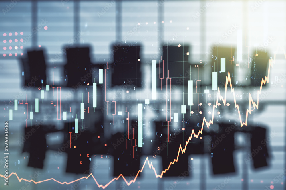 Poster multi exposure of virtual abstract financial graph interface on a modern coworking room background, 