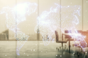 Multi exposure of abstract creative digital world map hologram on a modern meeting room background, research and analytics concept