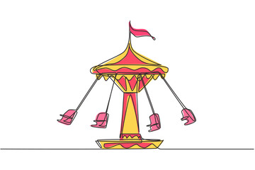 Continuous one line drawing wave swinger in the amusement park with four seats and a flag above. The passengers can swing around in the sky. Single line drawing design, vector graphic illustration. © Simple Line
