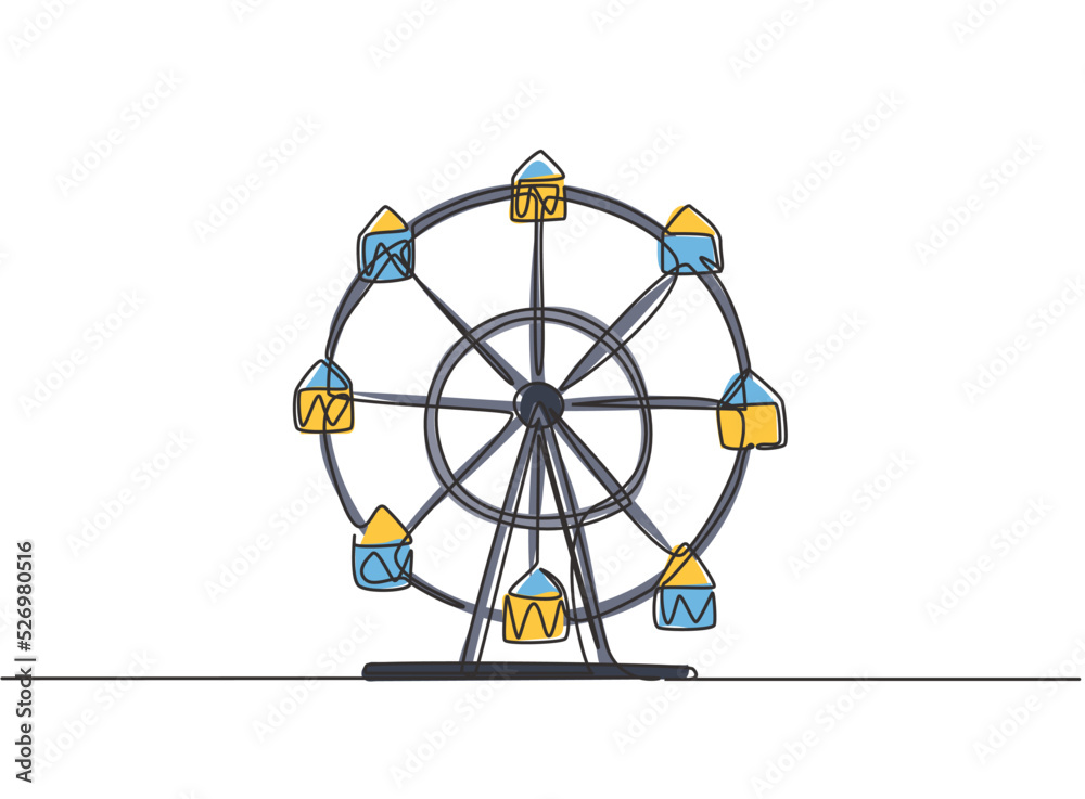 Wall mural continuous one line drawing of a ferris wheel in an amusement park, a circular circle turning high i