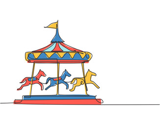 Single continuous line drawing of a horse carousel in an amusement park with horses spinning under the tent with a flag. Happy childhood. Dynamic one line draw graphic design vector illustration.