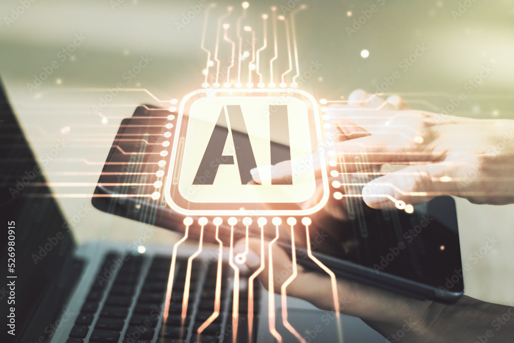 Aufkleber creative artificial intelligence symbol concept with finger clicks on a digital tablet on background