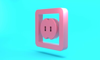 Pink Electrical outlet icon isolated on turquoise blue background. Power socket. Rosette symbol. Minimalism concept. 3D render illustration