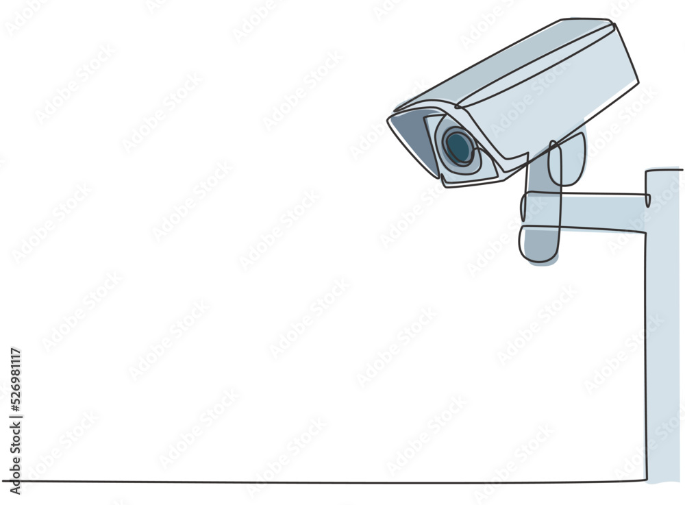 Poster single continuous line drawing of cctv with a box shape installed on the side of the highway to moni