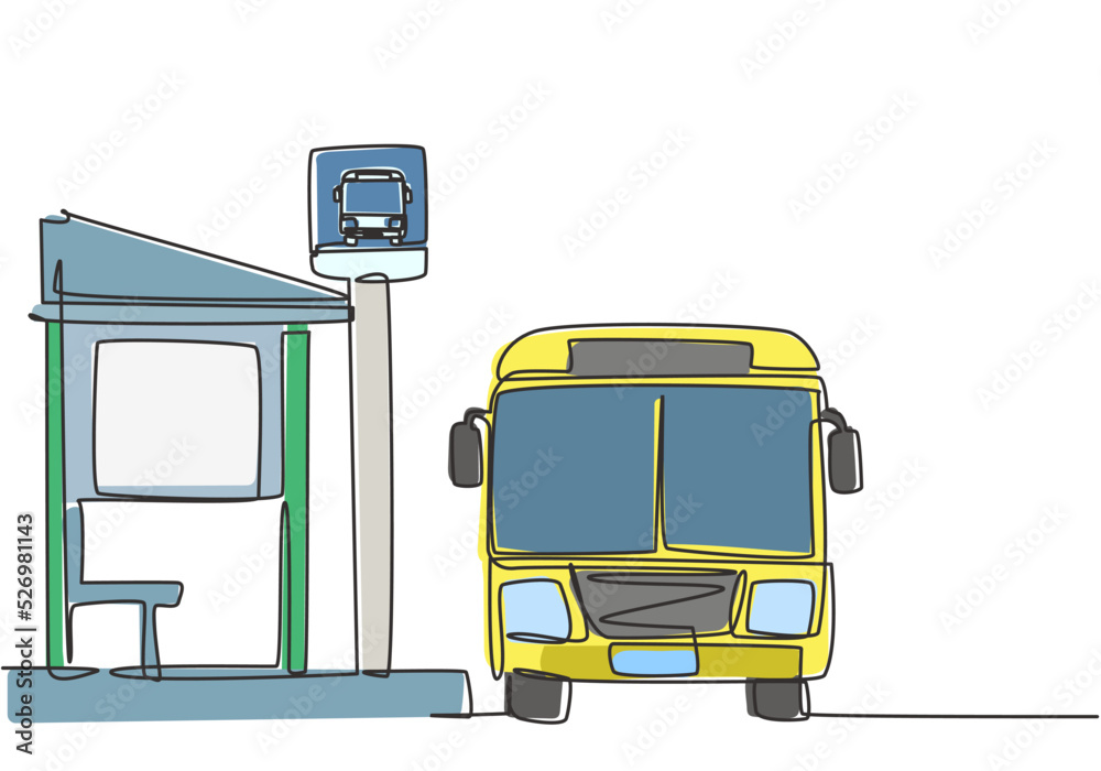 Poster single one line drawing of bus stop with shelter, simple bus sign and a bus waiting for passengers t