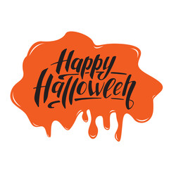 Happy Halloween, black letters on the orange volume spot and white background.  Vector illustration. Hand digital lettering for a banner poster greeting card invitation party Halloween October holiday