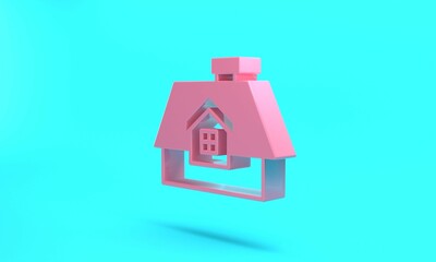 Pink House icon isolated on turquoise blue background. Home symbol. Minimalism concept. 3D render illustration