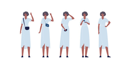 Character collection. Vector flat design people illustration set. African senior adult woman standing in white dress isolated on white background. Tea cup, bags, glasses accessories