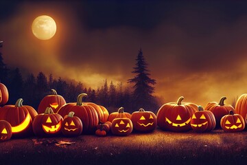 Halloween creepy spooky background, pumpkins, jack-o-lantern, 3d render, 3d illustration