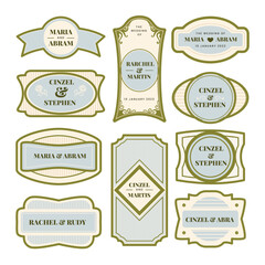 Wedding label frames. Old ornate labels, decorative vintage frame and retro badge. Royal insignia, sale sticker or invitation card. Isolated vector symbols set . Greeting card.