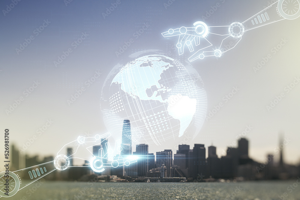Aufkleber abstract virtual robotics technology hologram with globe sketch on san francisco skyline background.